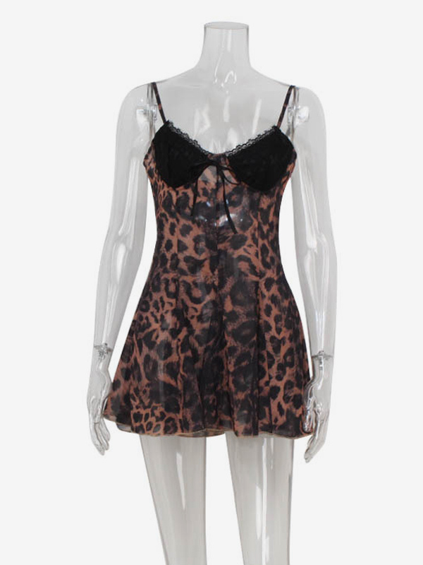Leopard Print Women Mini Slip Dress - Brown Y2K Lace Patchwork Cami Slip Fit Flare - Summer Club Party Night Out 2026