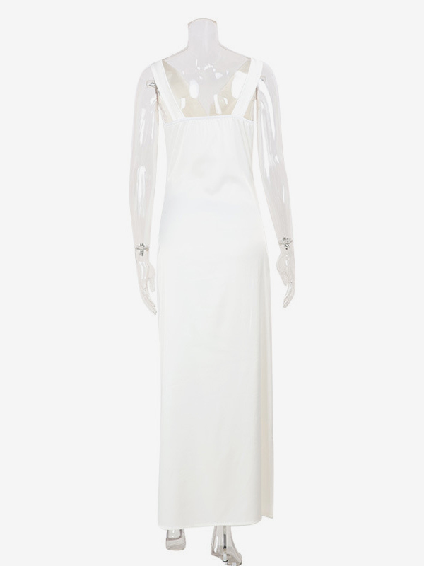 White Satin Women Maxi Dress - Elegant Silk Style Cowl Neck Backless Sleeveless Gown - Summer Evening Party Prom 2026