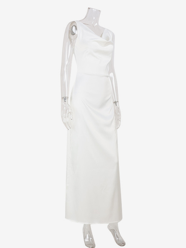 White Satin Women Maxi Dress - Elegant Silk Style Cowl Neck Backless Sleeveless Gown - Summer Evening Party Prom 2026