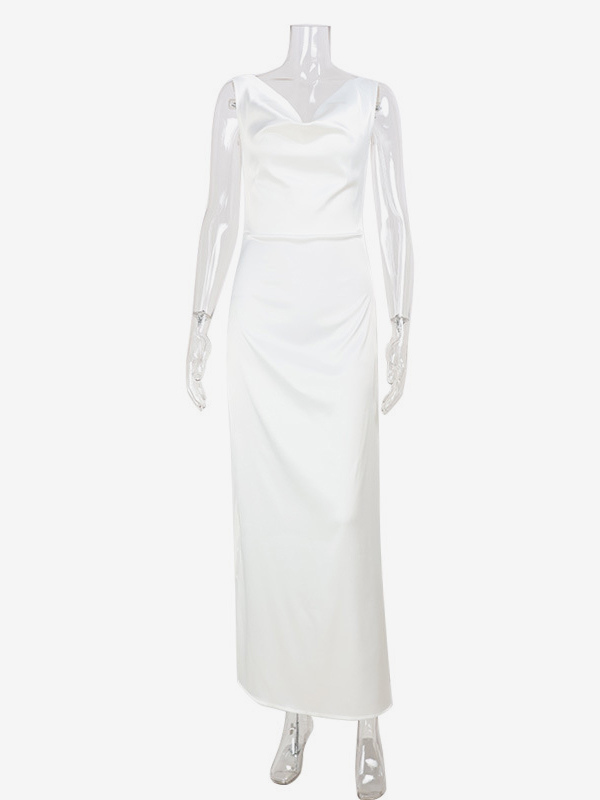 White Satin Women Maxi Dress - Elegant Silk Style Cowl Neck Backless Sleeveless Gown - Summer Evening Party Prom 2026
