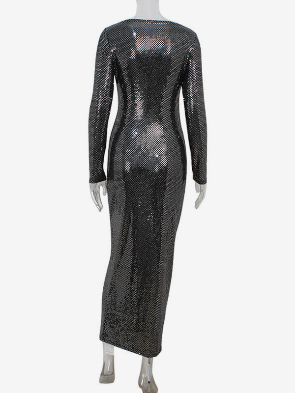 Shimmery Sequin Ruched Maxi Dress For Women - Black Boat Neck Long Sleeve Bodycon Gown - Spring Gala Party 2026