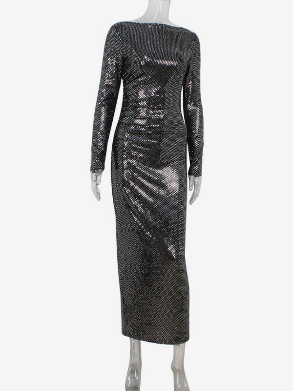 Shimmery Sequin Ruched Maxi Dress For Women - Black Boat Neck Long Sleeve Bodycon Gown - Spring Gala Party 2026