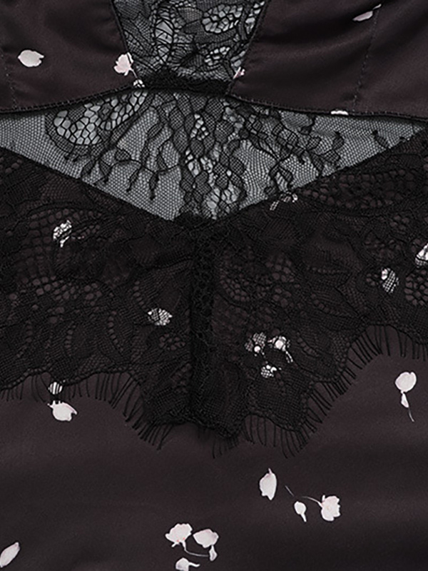 Satin Lace Patchwork Maxi Dress For Women - Black Floral Print V-Neck Short Sleeve Slim Fit - Summer Night Out 2026