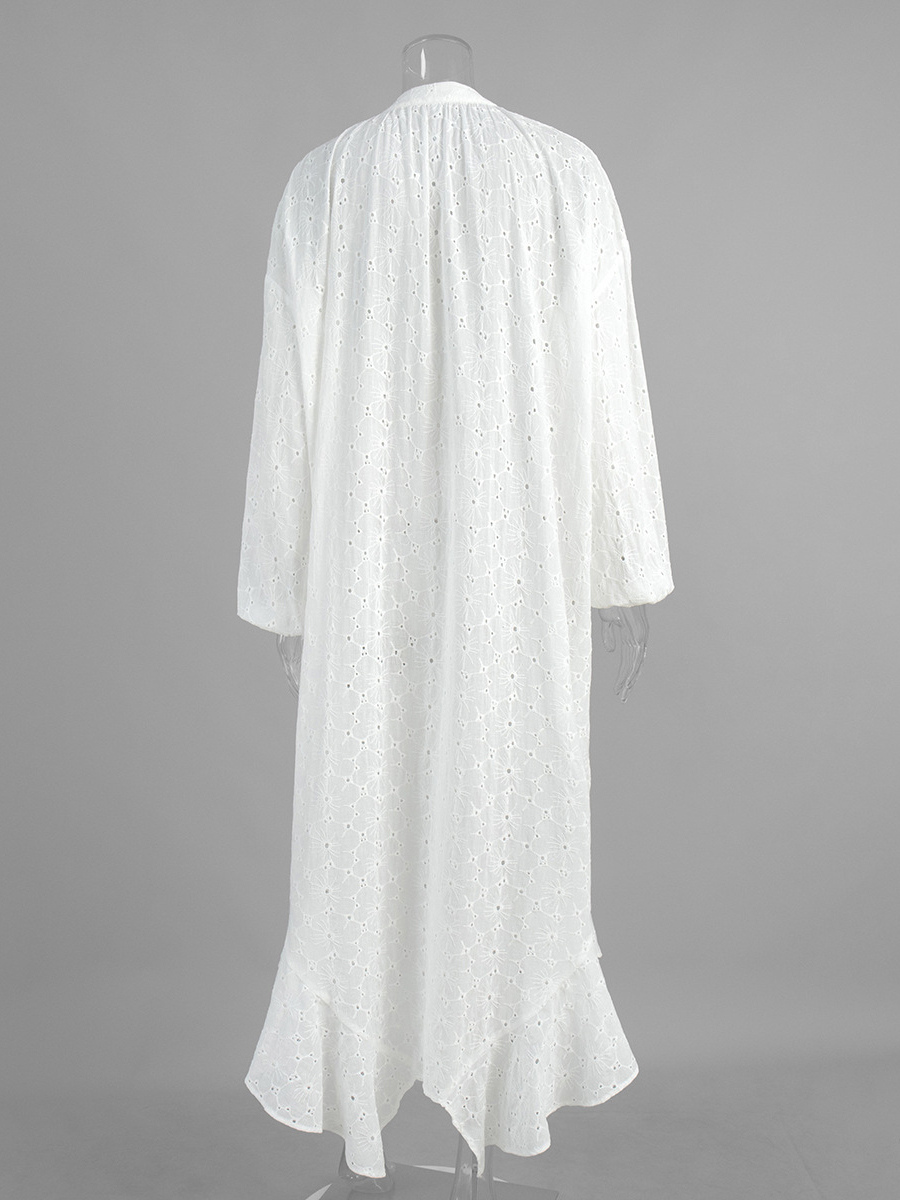 Eyelet Embroidery Maxi Dress For Women - White Boho V-Neck Oversized Ruffle Hem Kaftan - Summer Beach Vacation 2026