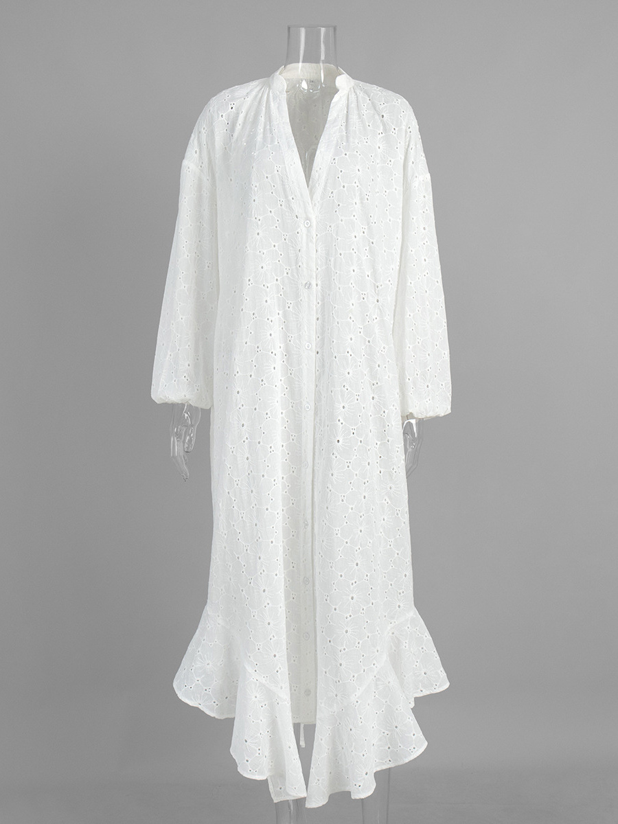 Eyelet Embroidery Maxi Dress For Women - White Boho V-Neck Oversized Ruffle Hem Kaftan - Summer Beach Vacation 2026