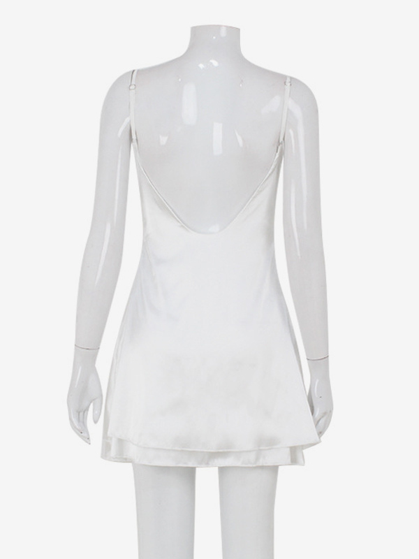 Satin Lace Trim Slip Dress For Women - White Sexy V-Neck Spaghetti Strap Mini Camisole - Summer Date Night 2026