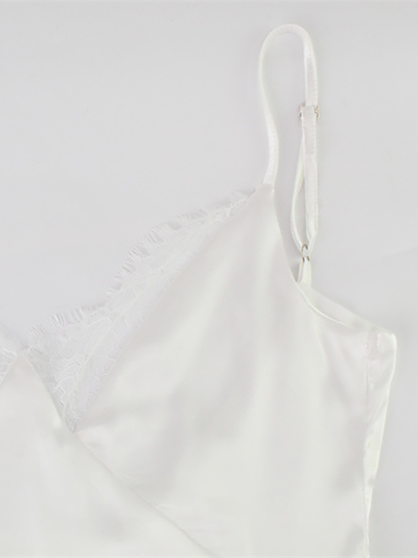 Satin Lace Trim Slip Dress For Women - White Sexy V-Neck Spaghetti Strap Mini Camisole - Summer Date Night 2026
