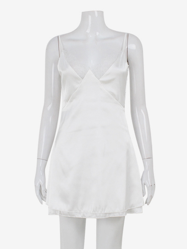 Satin Lace Trim Slip Dress For Women - White Sexy V-Neck Spaghetti Strap Mini Camisole - Summer Date Night 2026