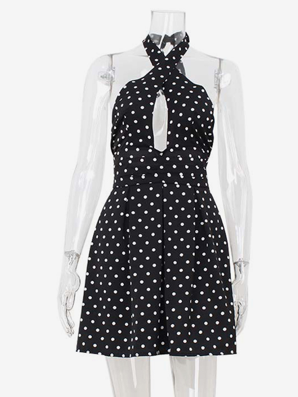 Vintage Polka Dot Halter Mini Dress For Women - Black Retro Criss Cross Keyhole Fit And Flare Sundress - Summer Girls Night Out 2026