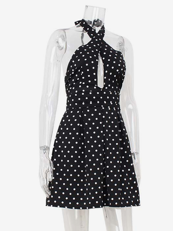 Vintage Polka Dot Halter Mini Dress For Women - Black Retro Criss Cross Keyhole Fit And Flare Sundress - Summer Girls Night Out 2026