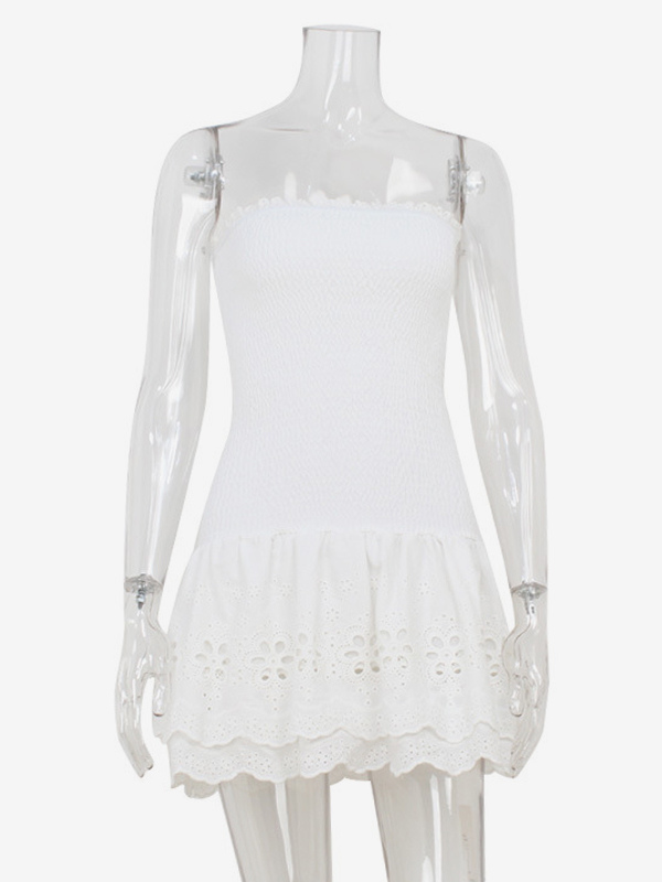 Eyelet Lace Mini Dress For Women - White Smocked Strapless Ruffle Tube Sundress - Summer Beach Vacation 2026
