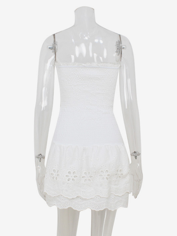 Eyelet Lace Mini Dress For Women - White Smocked Strapless Ruffle Tube Sundress - Summer Beach Vacation 2026