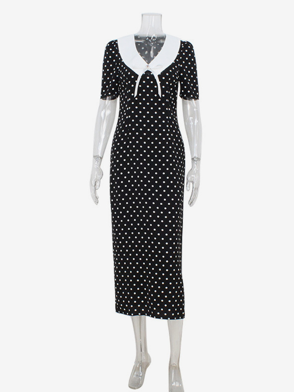 Polka Dot Maxi Dress For Women - Black Vintage Peter Pan Collar Bodycon Pencil Dress - Summer Date Night 2026