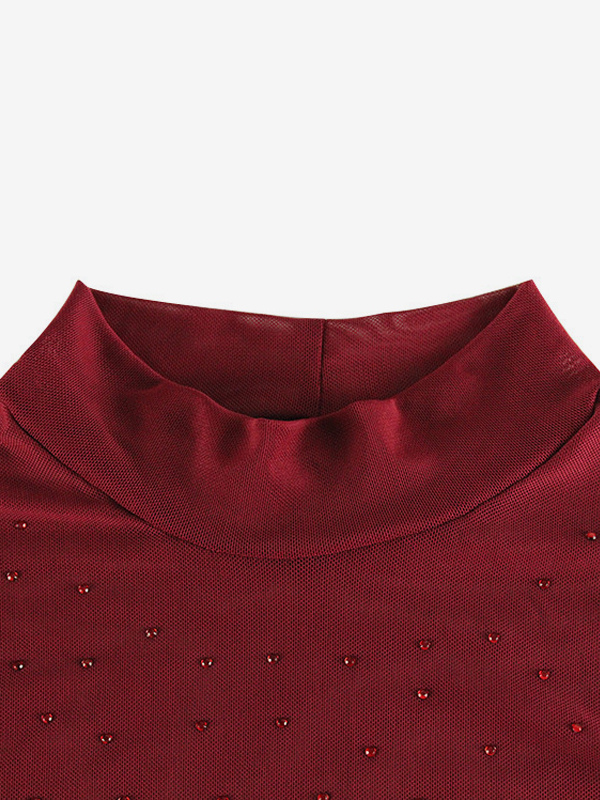 Rhinestone Mesh Maxi Dress For Women - Red Sheer High Neck Long Sleeve Bodycon Cover Up - Summer Clubwear Partywear 2026