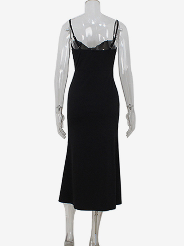 Sequin Midi Slip Dress For Women - Black Elegant Mermaid Hem Spaghetti Strap Cami Gown - Summer Evening Partywear 2026