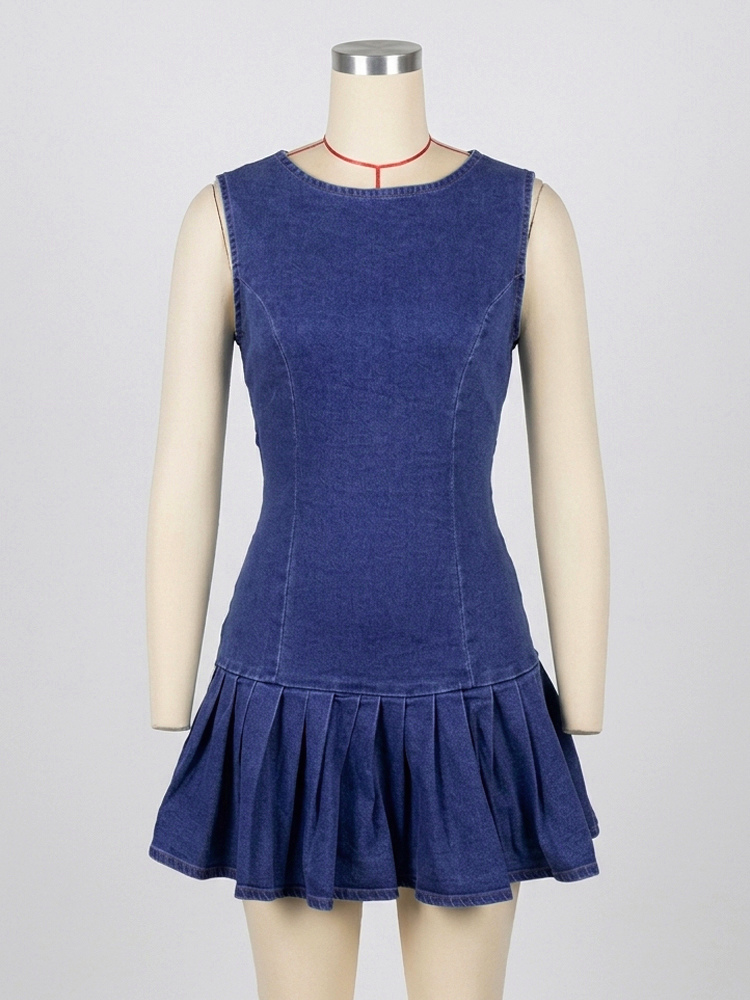 Sleeveless Pleated Denim Mini Dress For Women - Sexy Backless Tie Cutout Slim Fit - Summer Beach Streetwear 2026