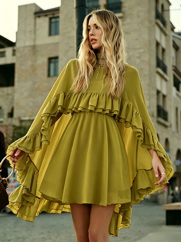Chiffon Cape Mini Slip Dress For Women - Elegant Ruffle Tiered 2 Piece Set - Spring Wedding Guest Party Cocktail 2026