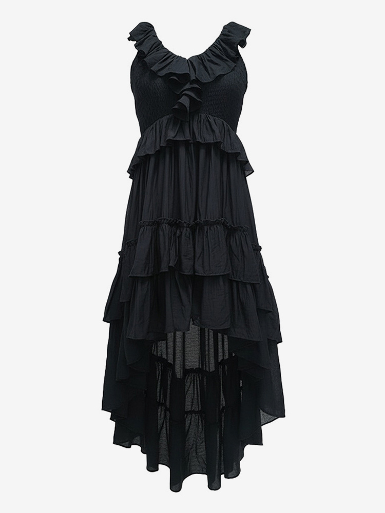Boho Ruffle High-Low Sundress For Women - Smocked V-Neck Sleeveless Tiered Flowy Midi Dress - Summer Beach Vacation 2026