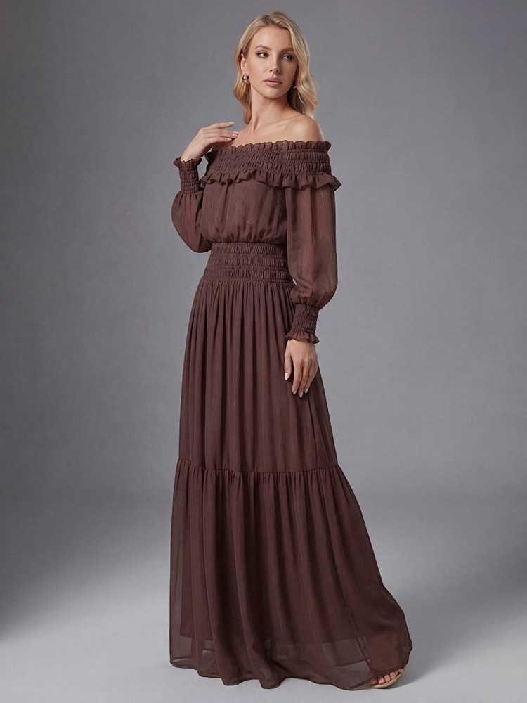 Boho Off-Shoulder Maxi Dress For Women - Brown Smocked Waist Ruffle Chiffon Tiered Long Sleeve Gown - Beach Date Night 2026