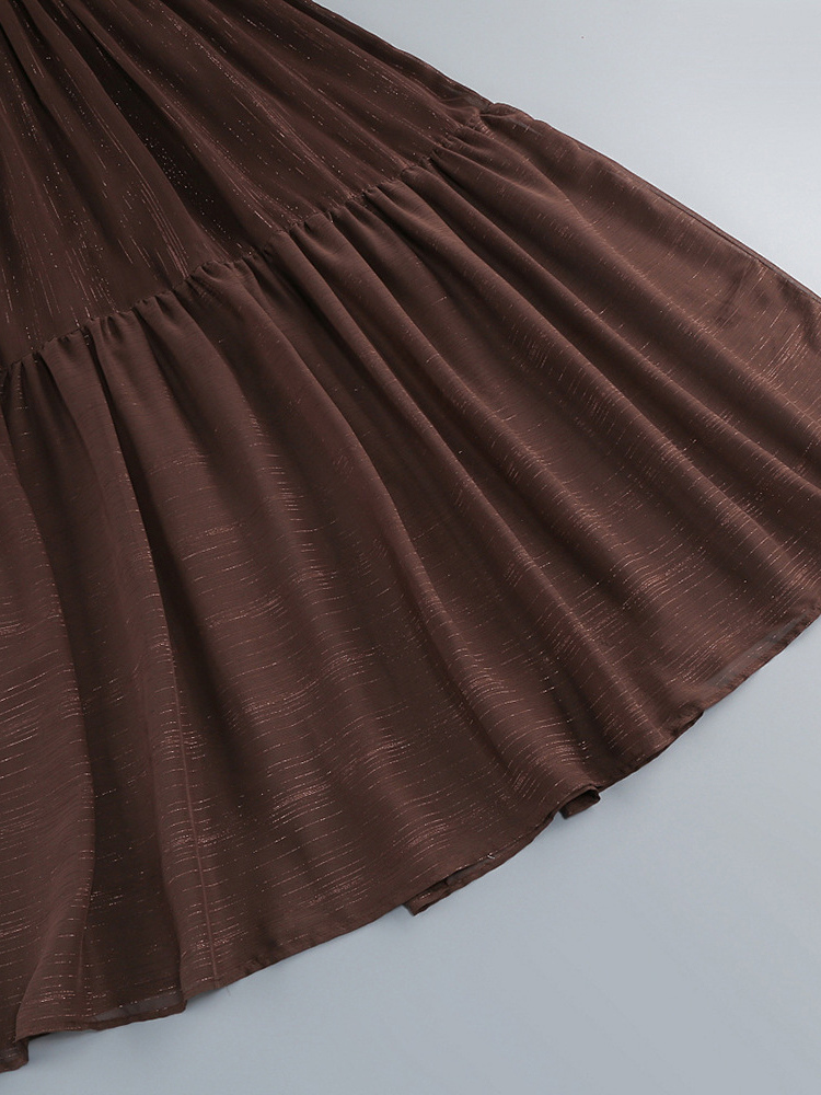 Boho Off-Shoulder Maxi Dress For Women - Brown Smocked Waist Ruffle Chiffon Tiered Long Sleeve Gown - Beach Date Night 2026