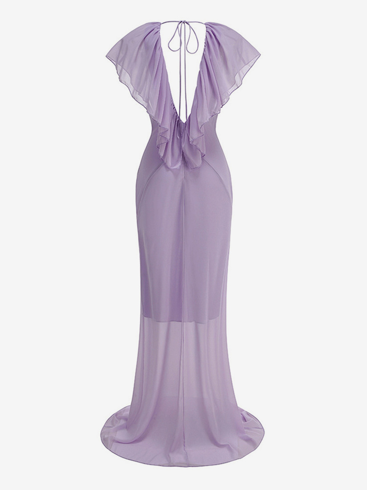 Elegant Ruffle V-Neck Chiffon Maxi Dress For Women - Lavender Boho Backless Flowy A-Line Sun Dress - Summer Beach Wedding Guest 2026