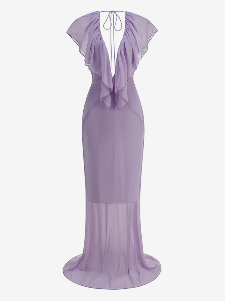 Elegant Ruffle V-Neck Chiffon Maxi Dress For Women - Lavender Boho Backless Flowy A-Line Sun Dress - Summer Beach Wedding Guest 2026