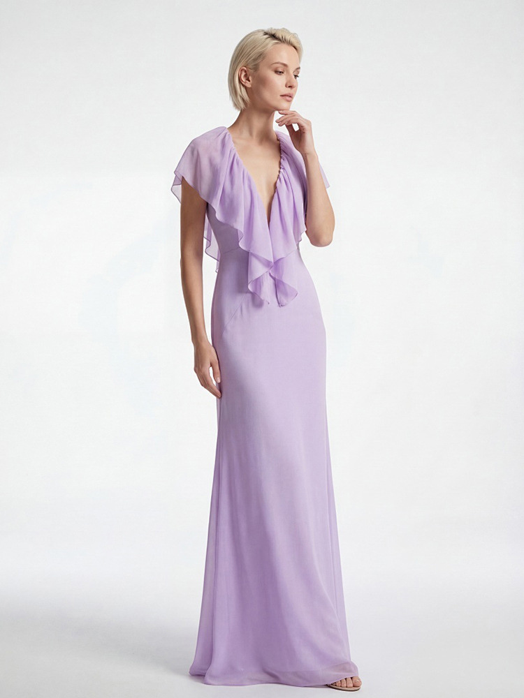Elegant Ruffle V-Neck Chiffon Maxi Dress For Women - Lavender Boho Backless Flowy A-Line Sun Dress - Summer Beach Wedding Guest 2026