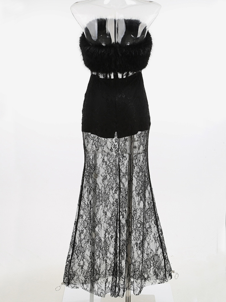 Sexy Faux Fur Lace Maxi Dress For Women - Black Strapless Corset Bodysuit Long Gown With Sheer Skirt - Summer Evening Party 2026