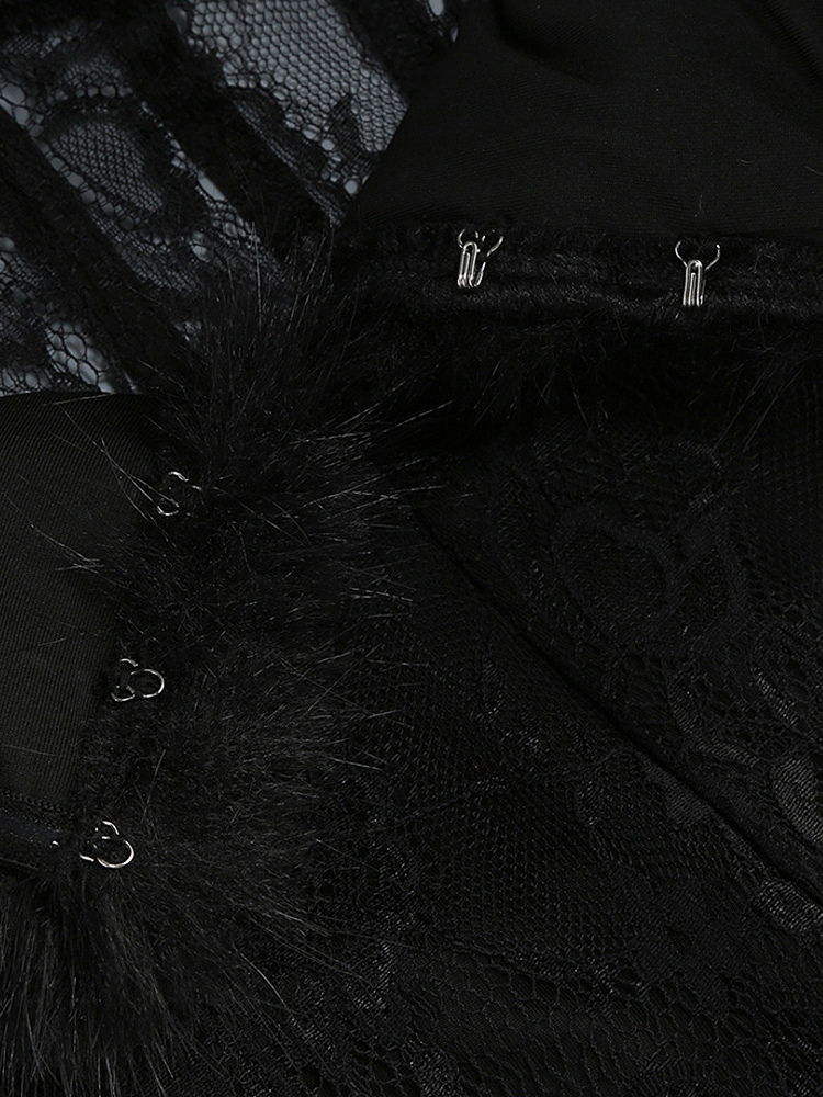 Sexy Faux Fur Lace Maxi Dress For Women - Black Strapless Corset Bodysuit Long Gown With Sheer Skirt - Summer Evening Party 2026