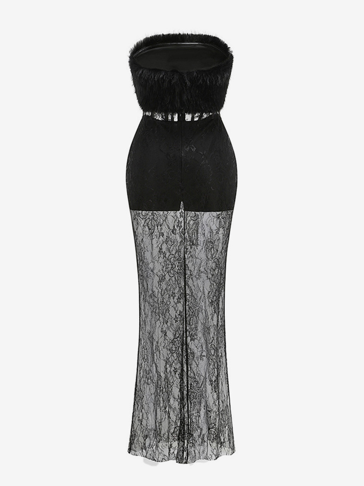 Sexy Faux Fur Lace Maxi Dress For Women - Black Strapless Corset Bodysuit Long Gown With Sheer Skirt - Summer Evening Party 2026