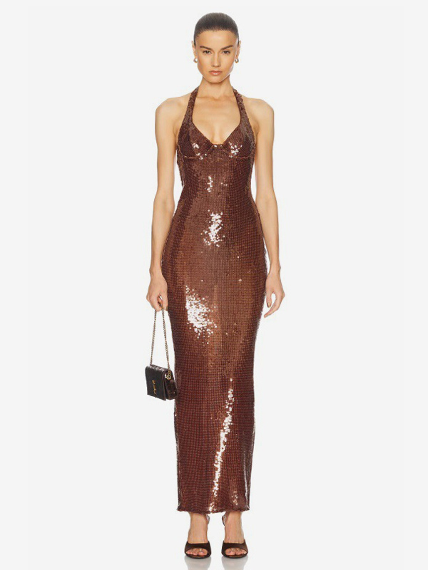 Sparkly Sequin Maxi Formal Dress For Women - Brown Halter Backless Bodycon Slim Long Gown - Summer Gala Night Out Party 2026