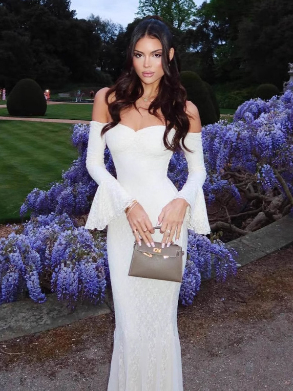 Lace Off Shoulder Maxi Dress For Women - Elegant Trumpet Long Sleeves Mermaid Gown - Spring Formal Evening Party 2026