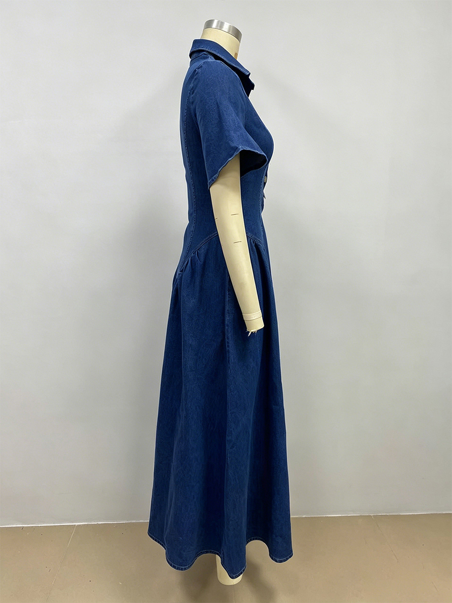 Button Front Denim Long Dress For Women - Dark Blue Boho A-Line Fit And Flare Short Sleeve Jean Dress - Summer Daily Casual 2026