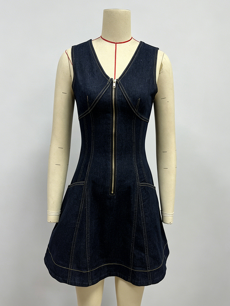 Sleeveless Mini Denim Dress For Women - Dark Blue Western Style Front Zip Slim Fit Jean Sundress - Summer Music Festival 2026