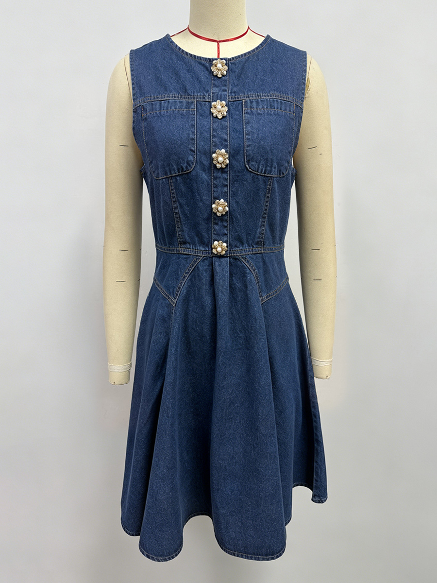 Sleeveless Mini Denim Dress For Women - Medium Blue Y2K Flower Button Fit And Flare Jean Pleated Sun Dress - Summer Casual Party 2026