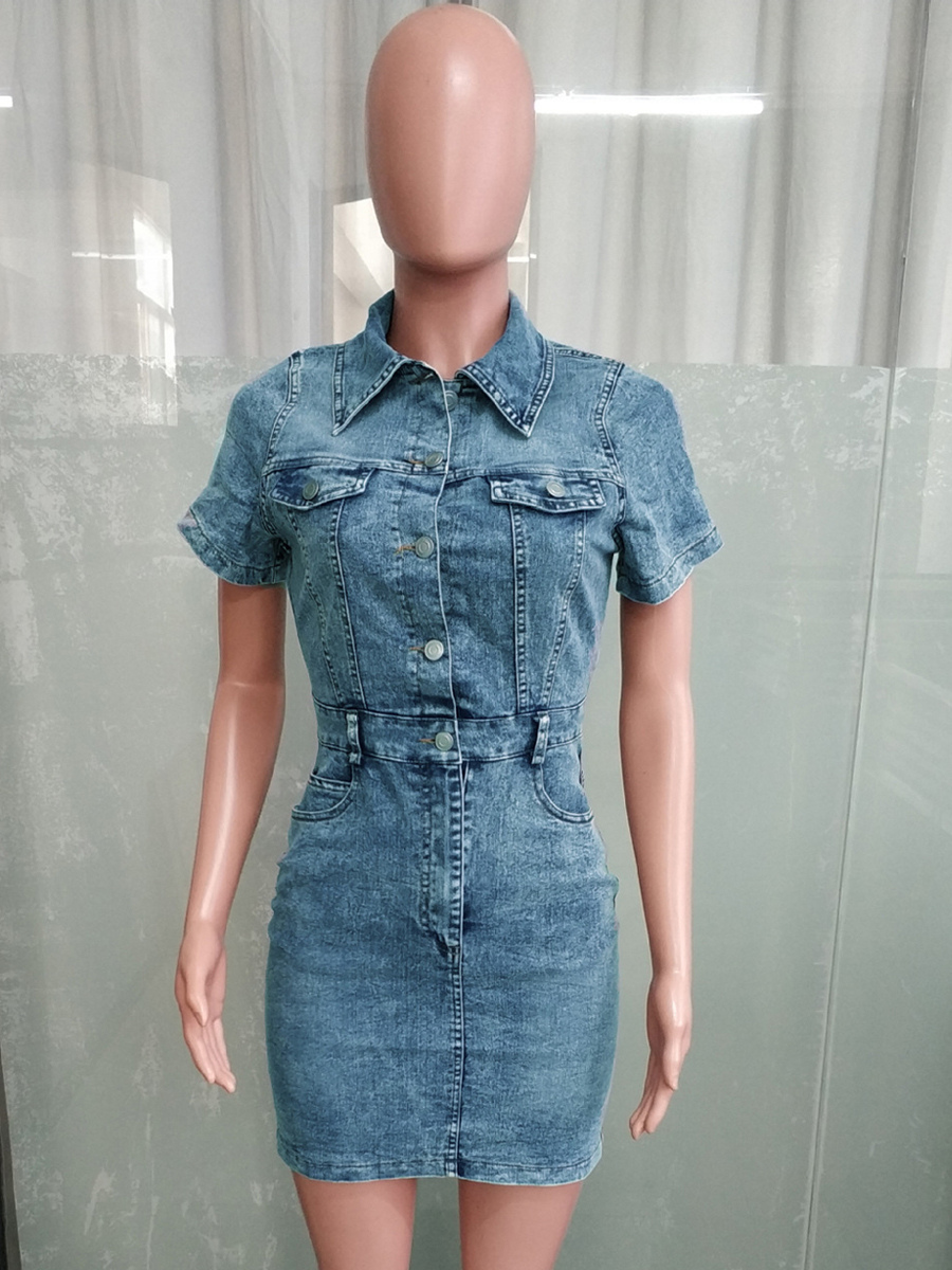 Short Sleeve Denim Dress For Women - Medium Wash Streetwear Button Up Bodycon Mini Jean Dress - Spring Night Out 2026