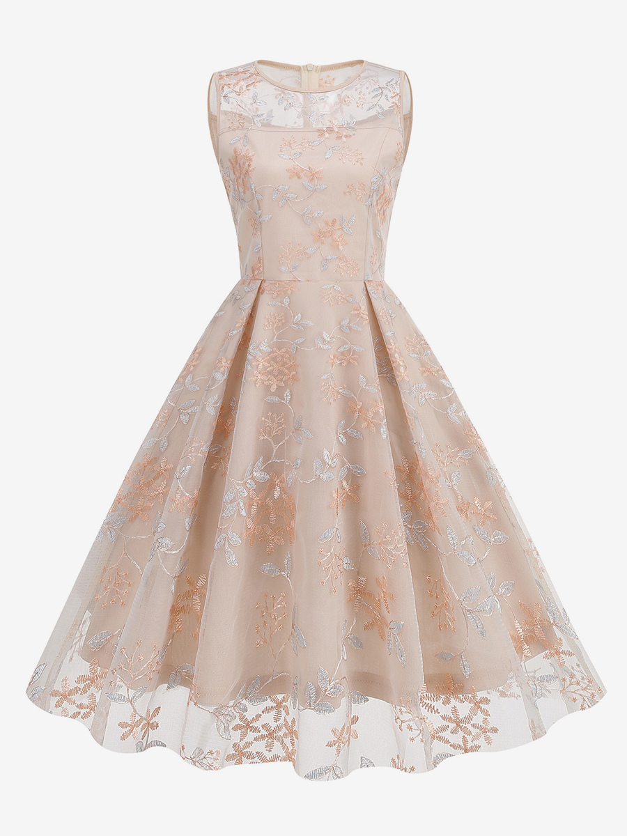 Vintage 1950s Floral Midi Dress For Women - Embroidery Mesh Illusion Neck A-Line Swing Prom Dress - Summer Cocktail 2026