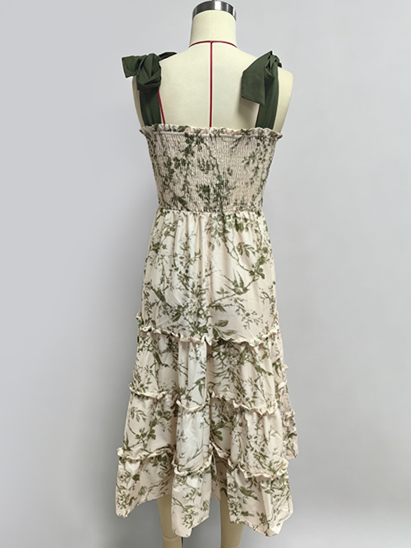Floral Smocked Midi Dress For Women - Sage Green Boho Tie Shoulder Tiered Ruffle A-Line Sun Dress - Summer Beach Vacation 2026