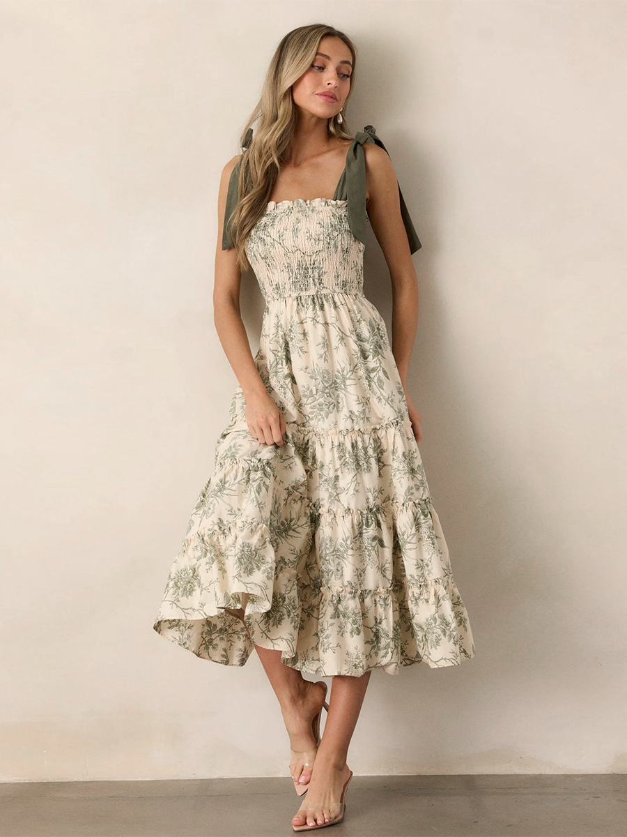 Floral Smocked Midi Dress For Women - Sage Green Boho Tie Shoulder Tiered Ruffle A-Line Sun Dress - Summer Beach Vacation 2026