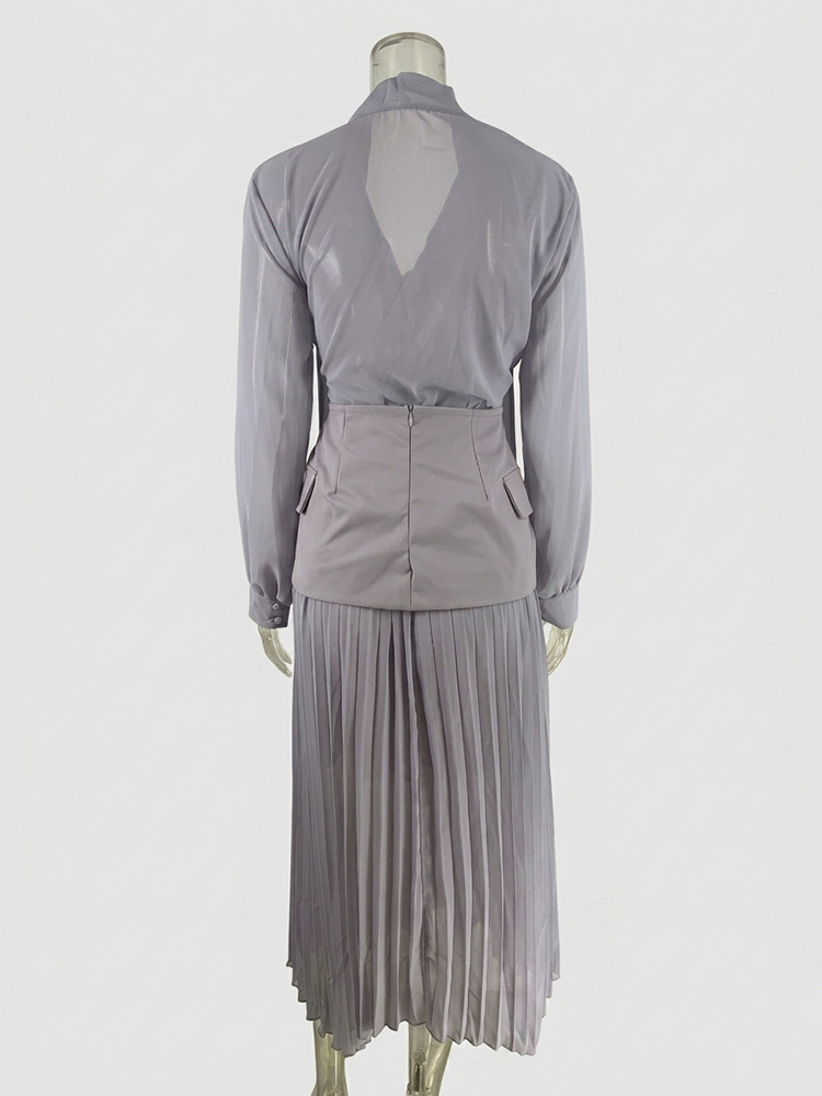 Elegant Long Sleeves Three Piece Set For Women - Chiffon Tie Neck Blouse And Waistband And Maxi Skirt - Spring Office Party 2026