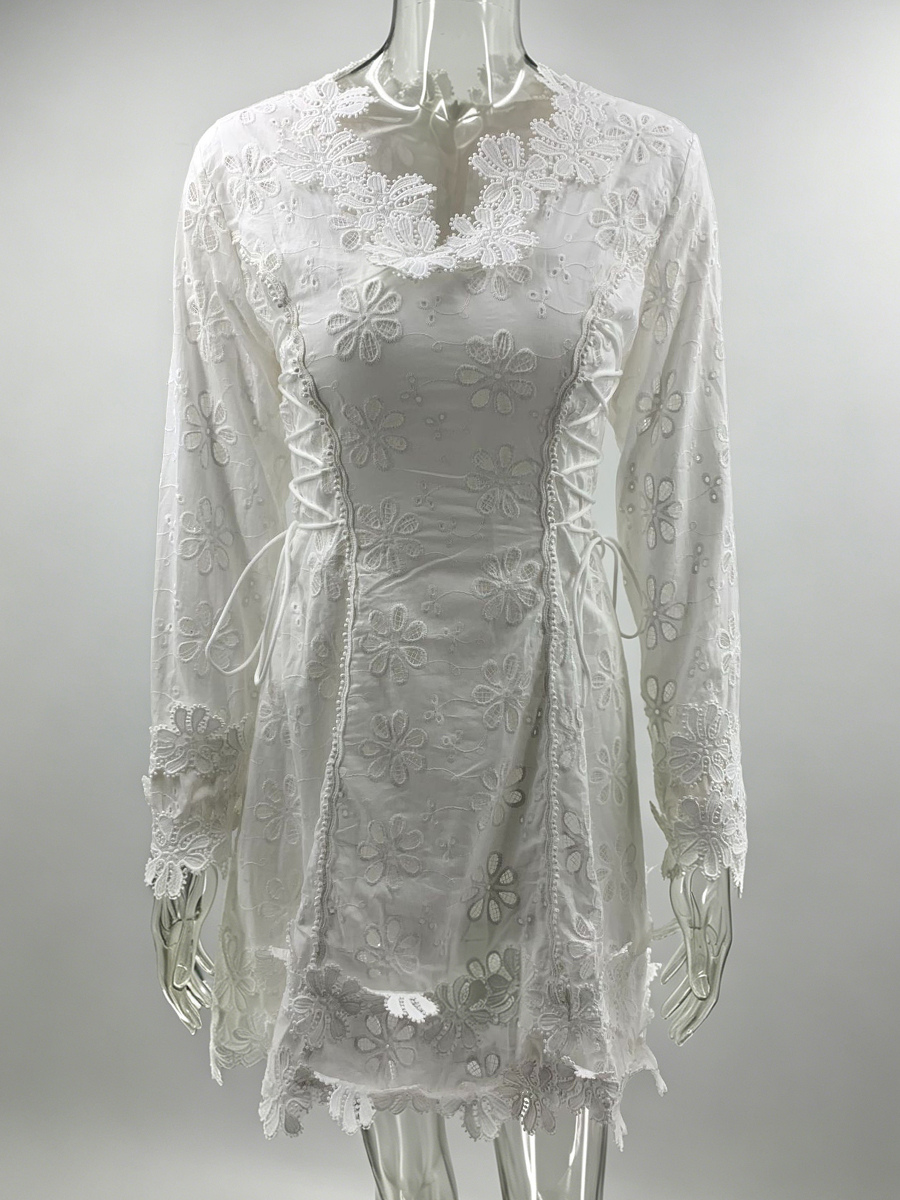 White Eyelet Lace Mini Dress For Women - Boho V Neck Long Sleeve Side Lace-up Fit And Flare Dress - Spring Resort 2026