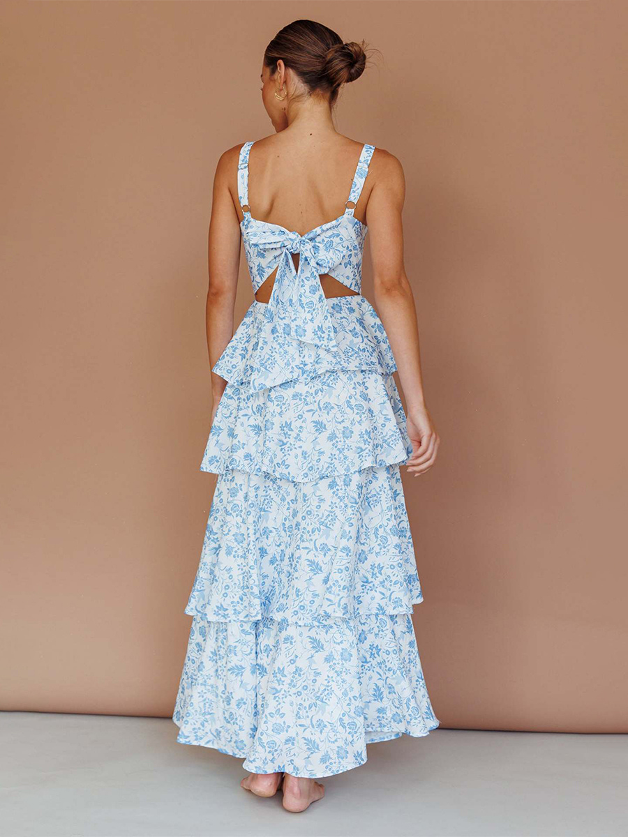 Floral Printed Ruffle Maxi Slip Dress For Women - Boho Tiered A-Line Strappy Sun Dress - Summer Beach Vacation 2026