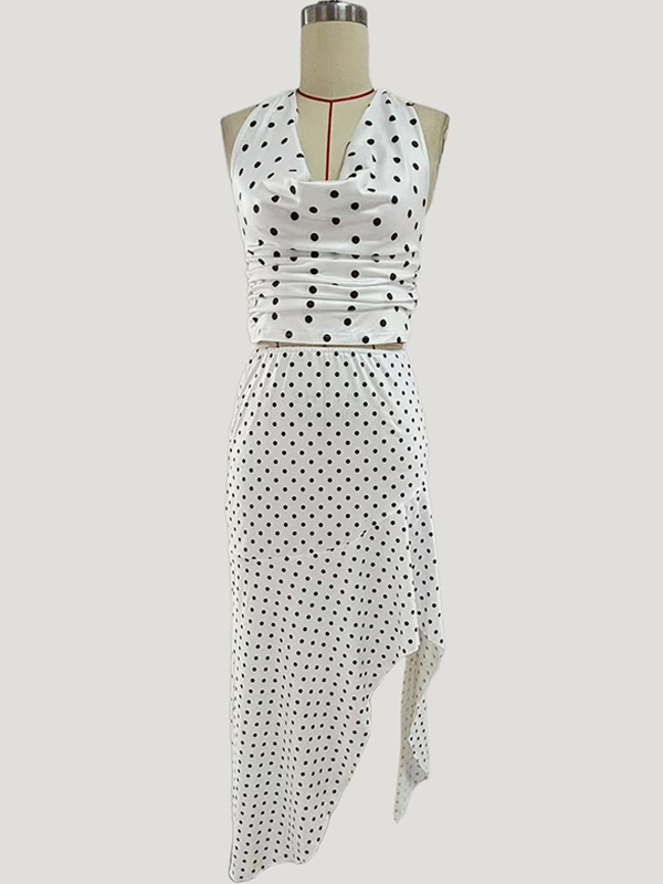 Polka Dot Two Piece Set For Women - White Halter Cowl Neck Top And Ruffled Low High Maxi Skirt - Summer Beach Vacation 2026