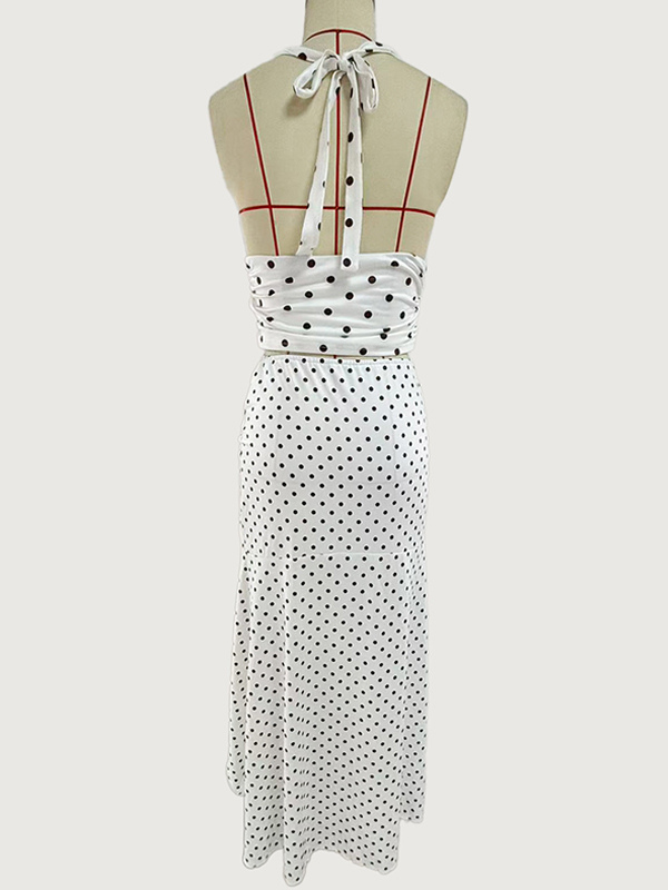 Polka Dot Two Piece Set For Women - White Halter Cowl Neck Top And Ruffled Low High Maxi Skirt - Summer Beach Vacation 2026