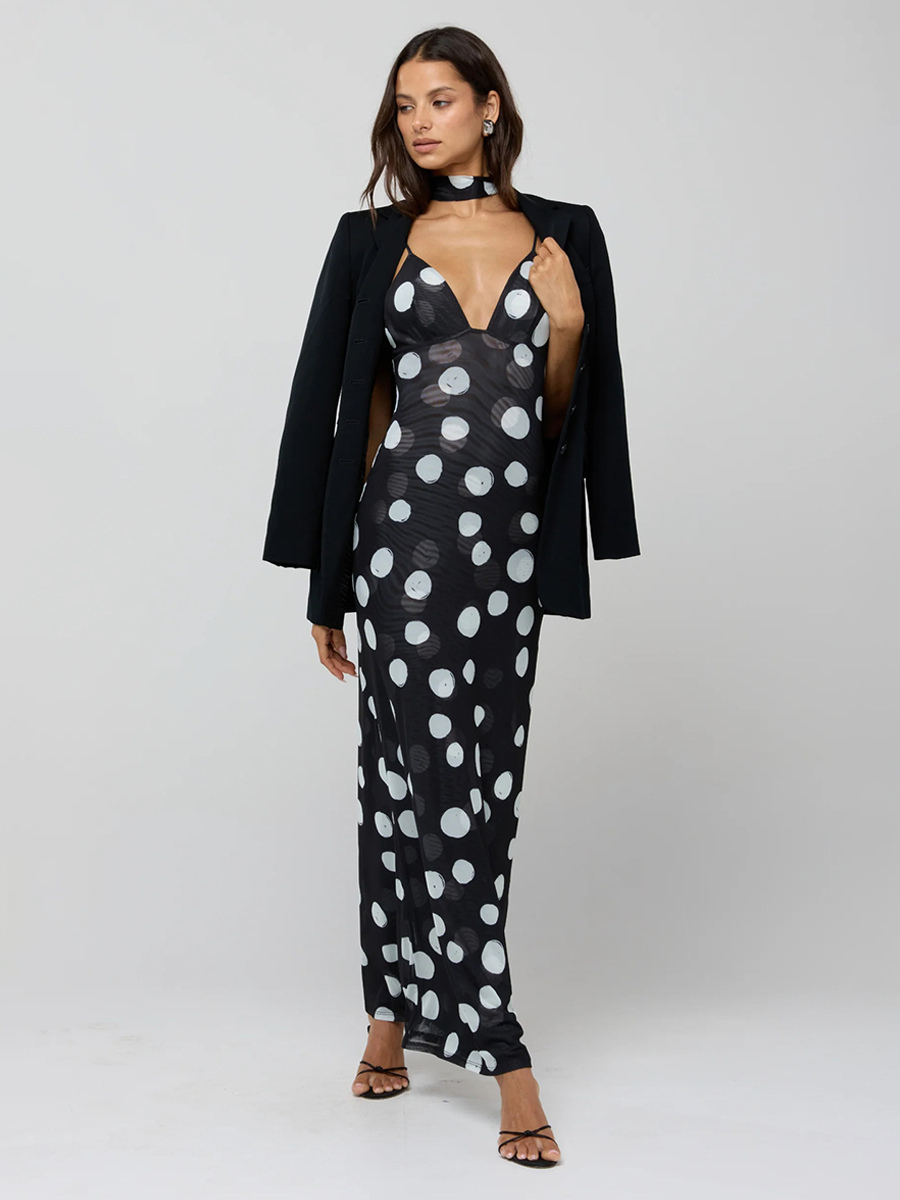 Polka Dot Slip Maxi Dress For Women - Vintage Deep V Neck Backless Bodycon Long Dress With Scarf - Summer Party Night 2026