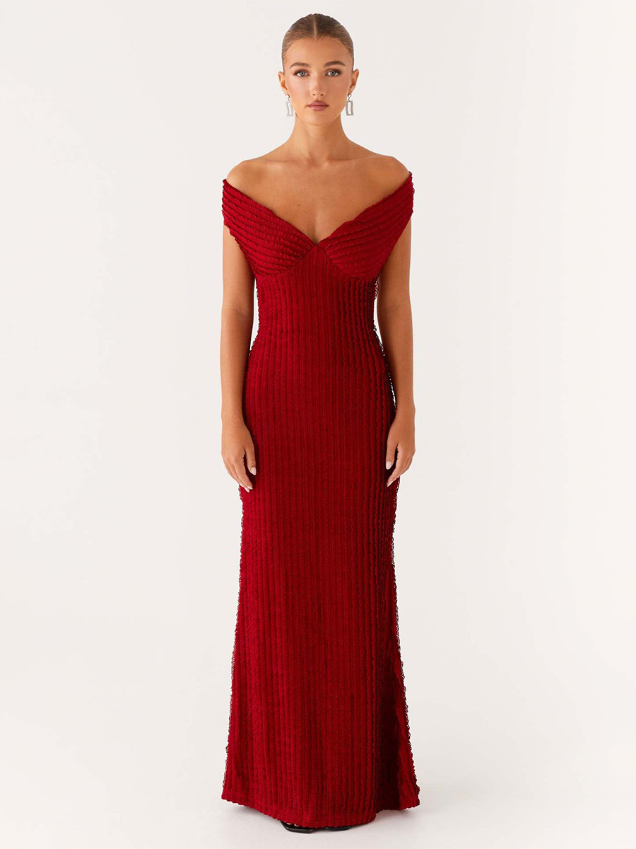 Off Shoulder Maxi Gown For Women - Textured Backless Bodycon Mermaid Dress - Summer Evening Wedding Guest 2026