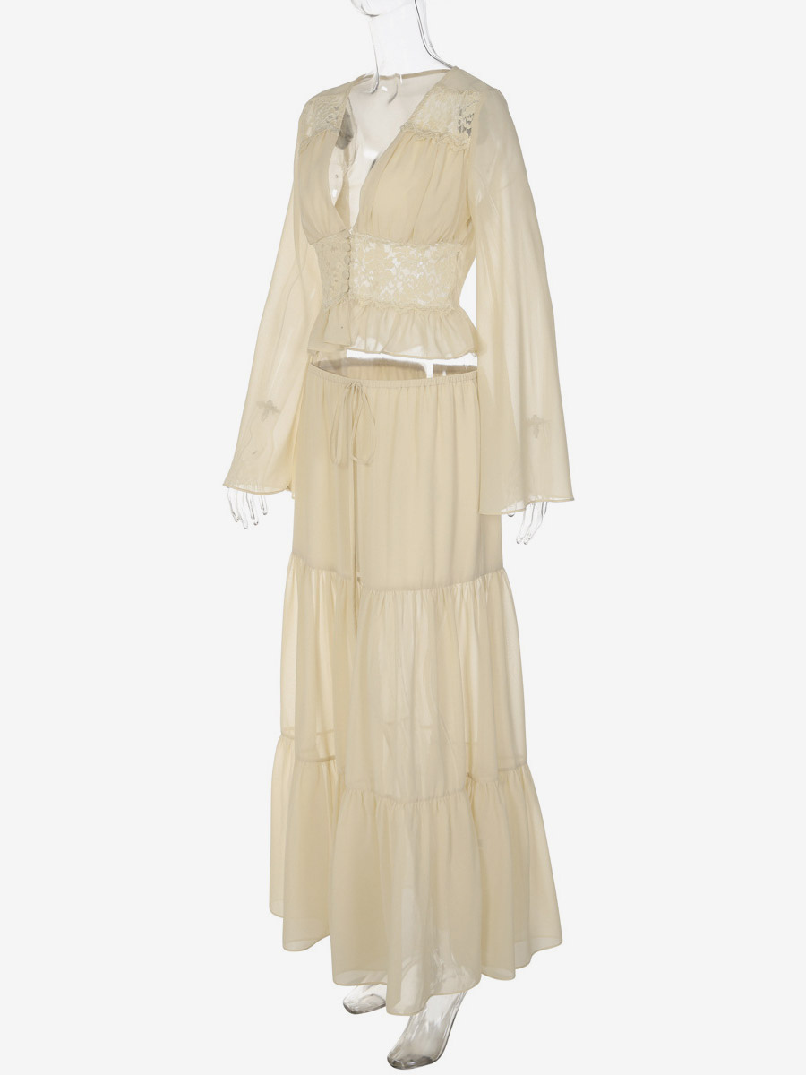 Two Piece Sets Skirt Set Maxi Dresses Apricot Resort Wear Buttons Casual V-Neck Long Sleeves Sets