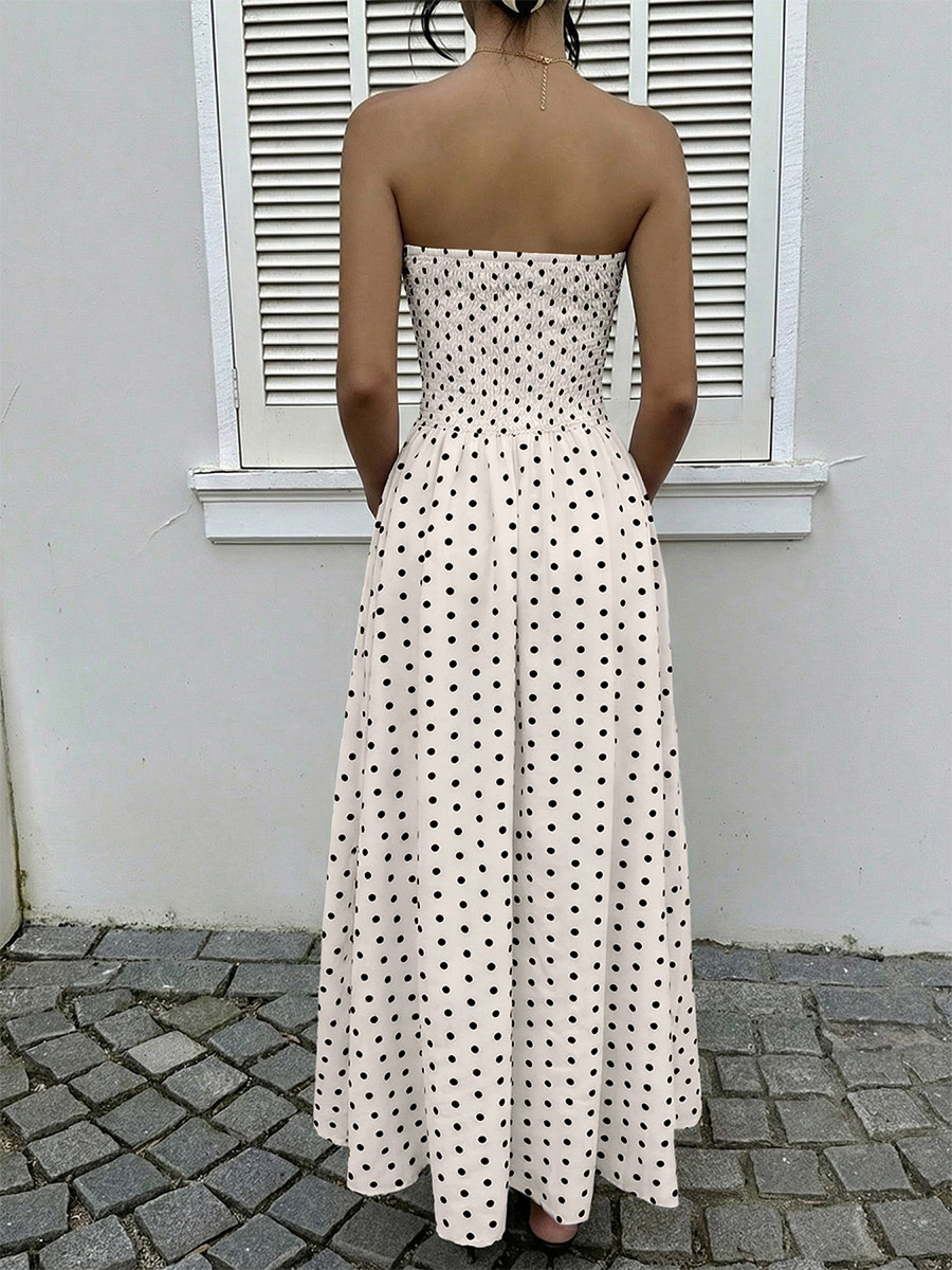 Women's Navy Blue White Polka Dot Strapless Maxi Dress High Waisted A Line Flowy Summer Dress