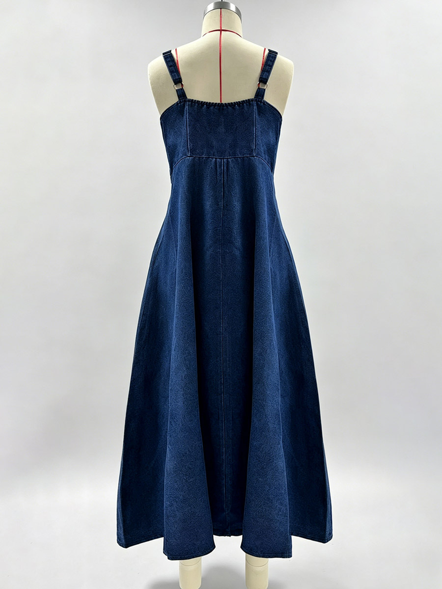 Navy Blue Square Neck Spaghetti Strap Midi Dress For Women Classic Elegance