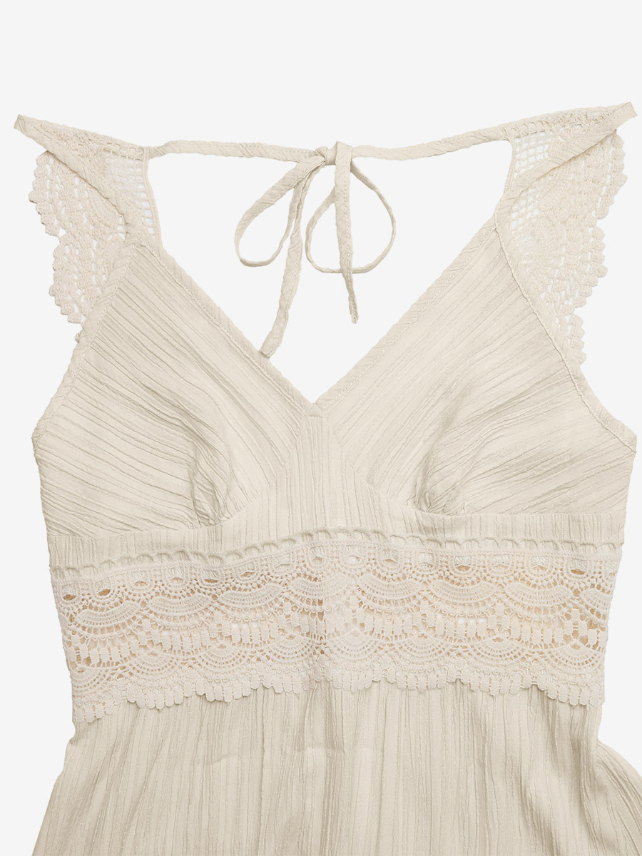 Women's Cream White Lace Waist Spaghetti Strap Maxi Dress V Neck Flowy Summer Beach Dress